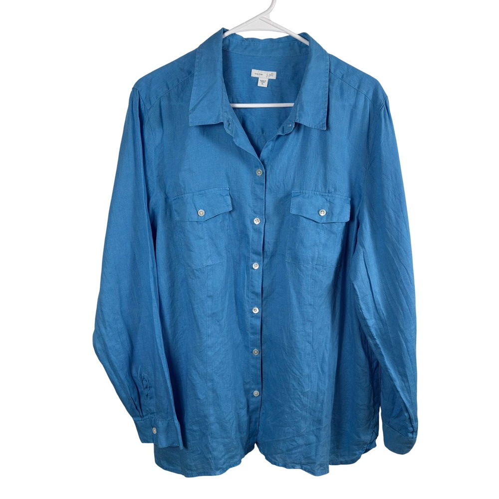 J. Jill Love Linen Shirt Womens XL Blue Long Sleeve Button Up Coastal Lagenlook